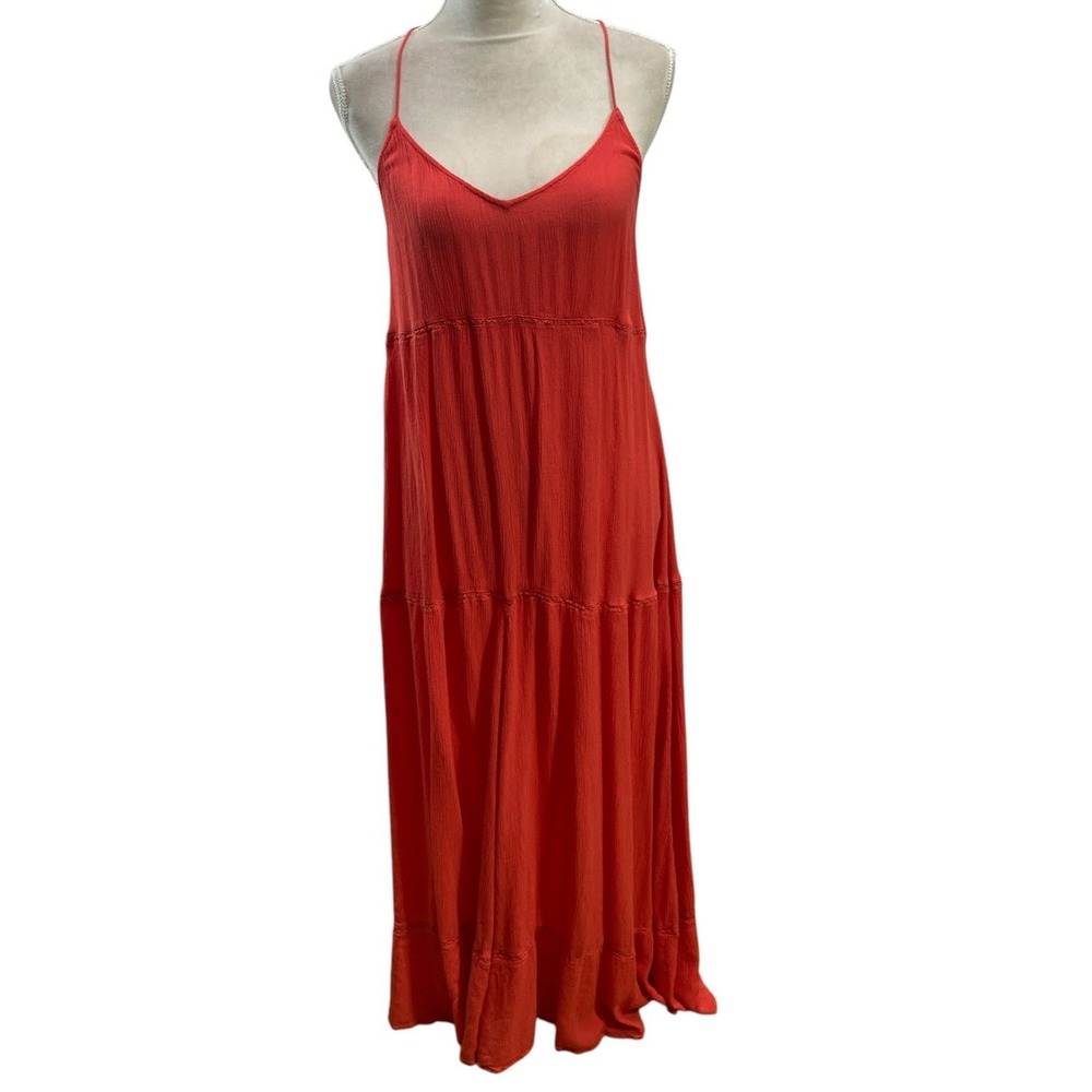 H&M Maxi Dress Women's 12 Burnt Orange Racerback tiered ruched straps‎ crinkle